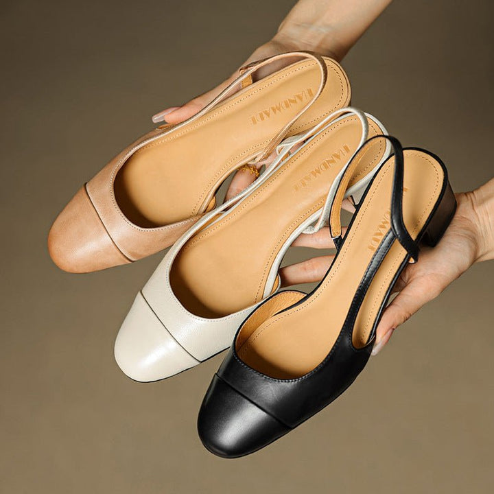 Women's Genuine Leather Almond-Toe Slingback Block Heel Pumps