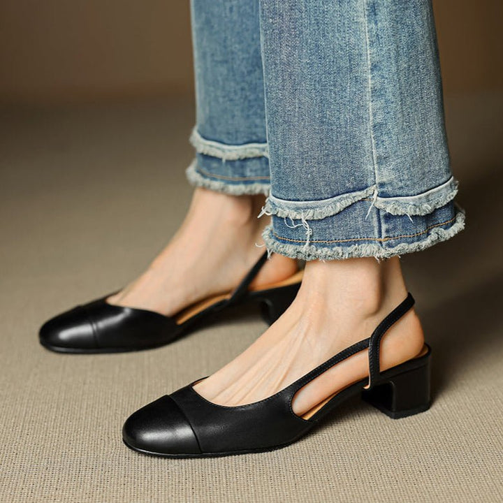 Women's Genuine Leather Almond-Toe Slingback Block Heel Pumps