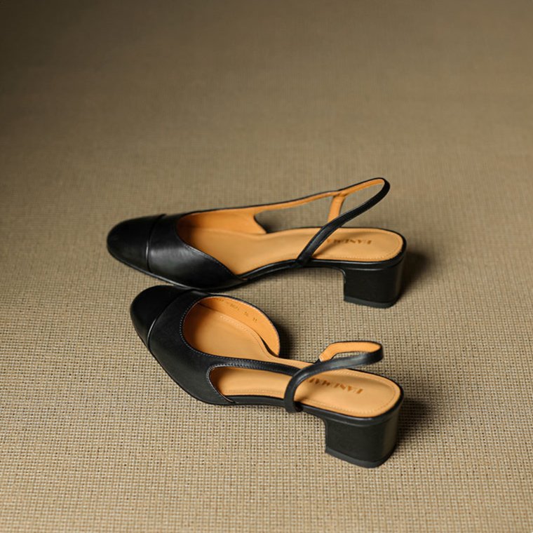 Women's Genuine Leather Almond-Toe Slingback Block Heel Pumps