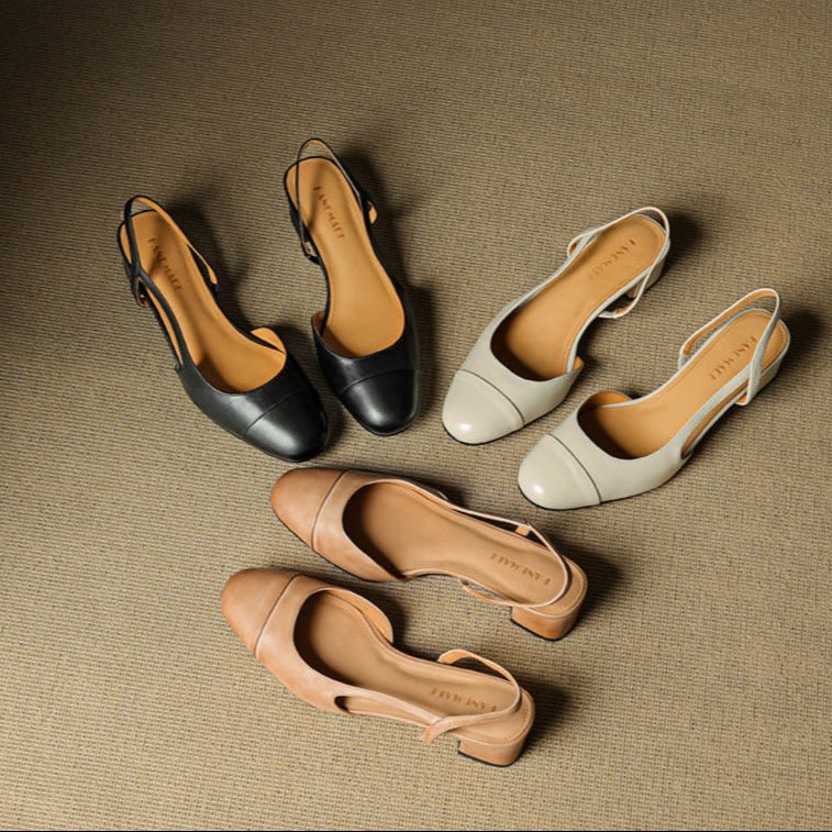 Women's Genuine Leather Almond-Toe Slingback Block Heel Pumps
