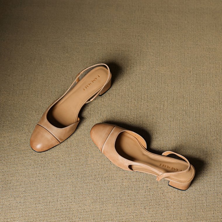 Women's Genuine Leather Almond-Toe Slingback Block Heel Pumps