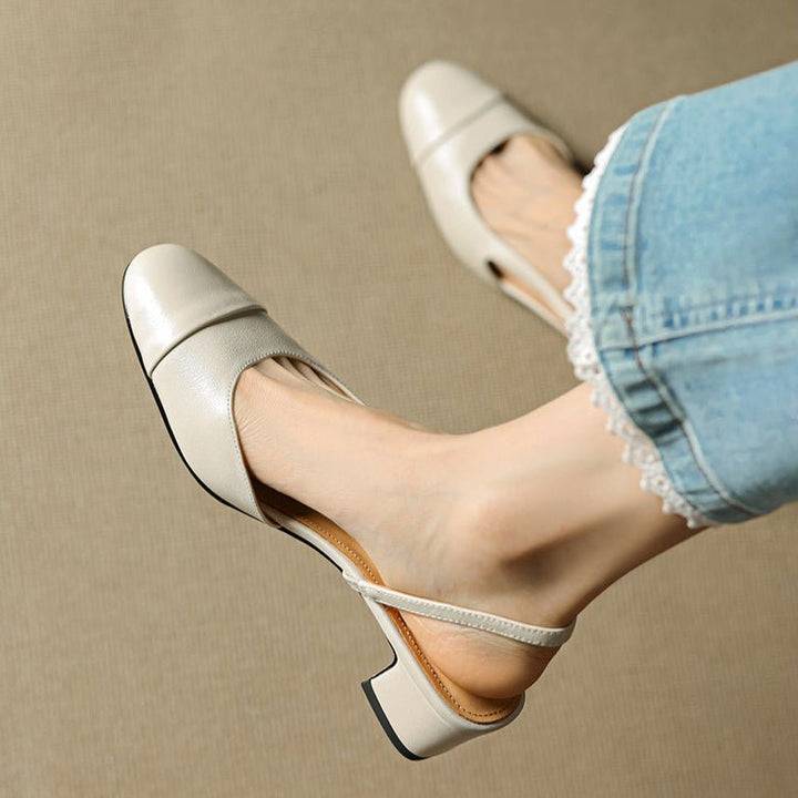Women's Genuine Leather Almond-Toe Slingback Block Heel Pumps