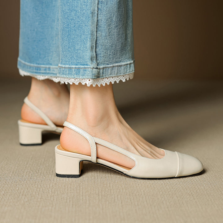 Women's Genuine Leather Almond-Toe Slingback Block Heel Pumps