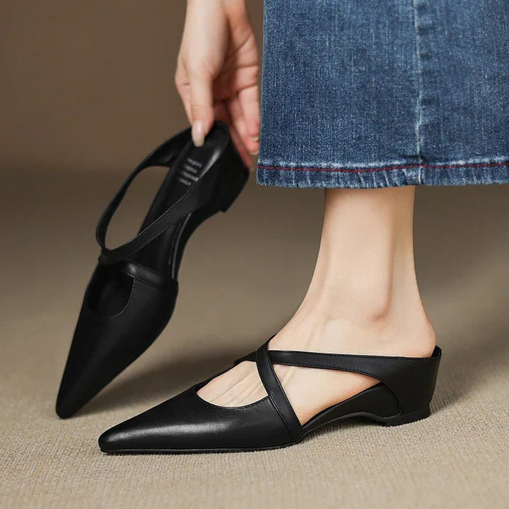 Women's Genuine Leather Pointed-Toe Cross-Strap Mules - Black