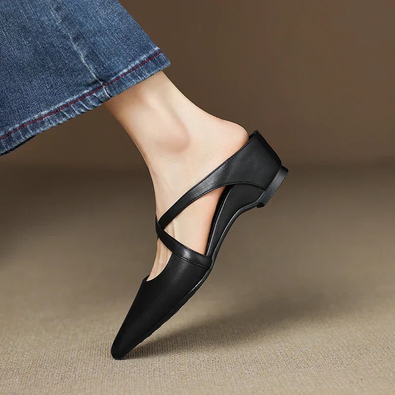 Women's Genuine Leather Pointed-Toe Cross-Strap Mules