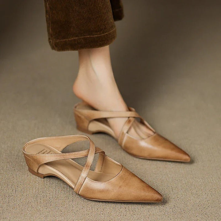 Women's Genuine Leather Pointed-Toe Cross-Strap Mules - Apricot