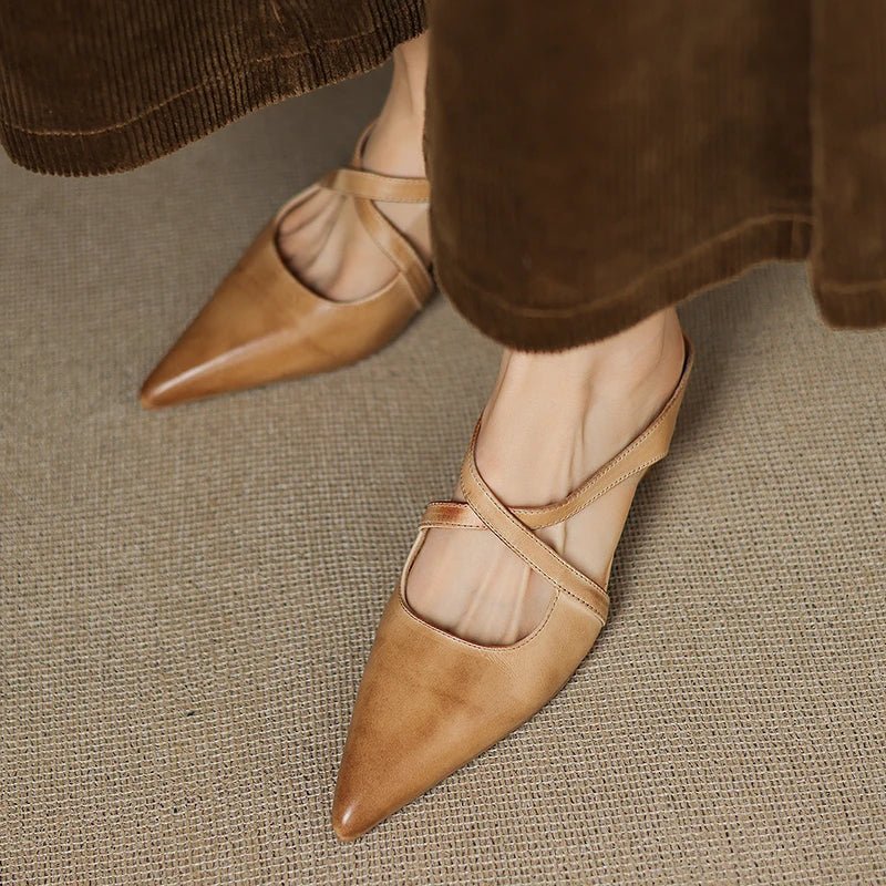 Women's Genuine Leather Pointed-Toe Cross-Strap Mules