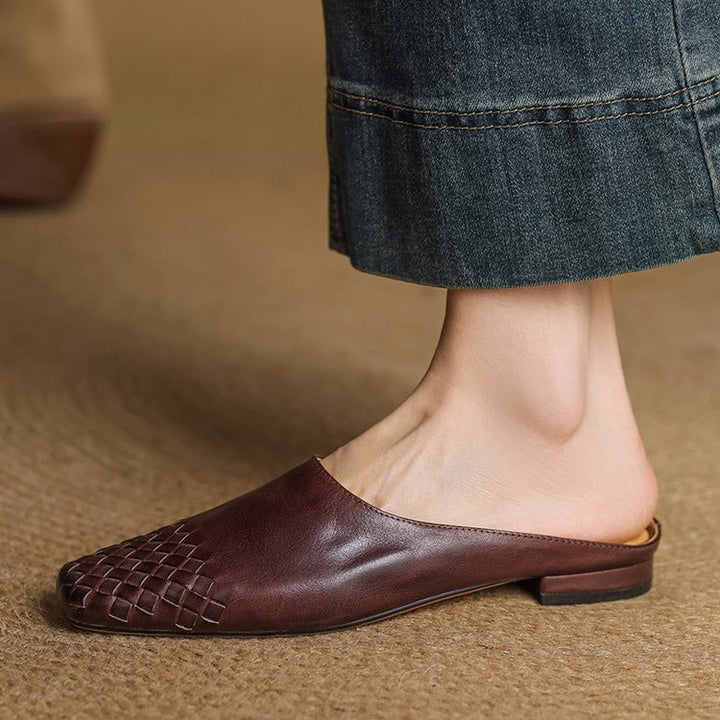 Women's Genuine Leather Woven-Toe Square-Toe Slip-On Mules