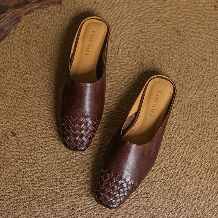 Women's Genuine Leather Woven-Toe Square-Toe Slip-On Mules