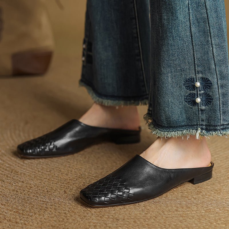 Women's Genuine Leather Woven-Toe Square-Toe Slip-On Mules