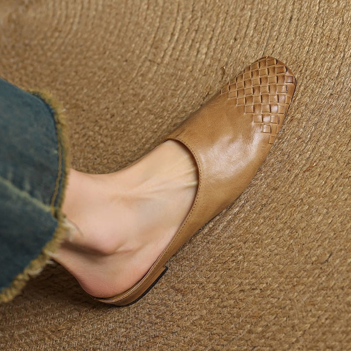 Women's Genuine Leather Woven-Toe Square-Toe Slip-On Mules