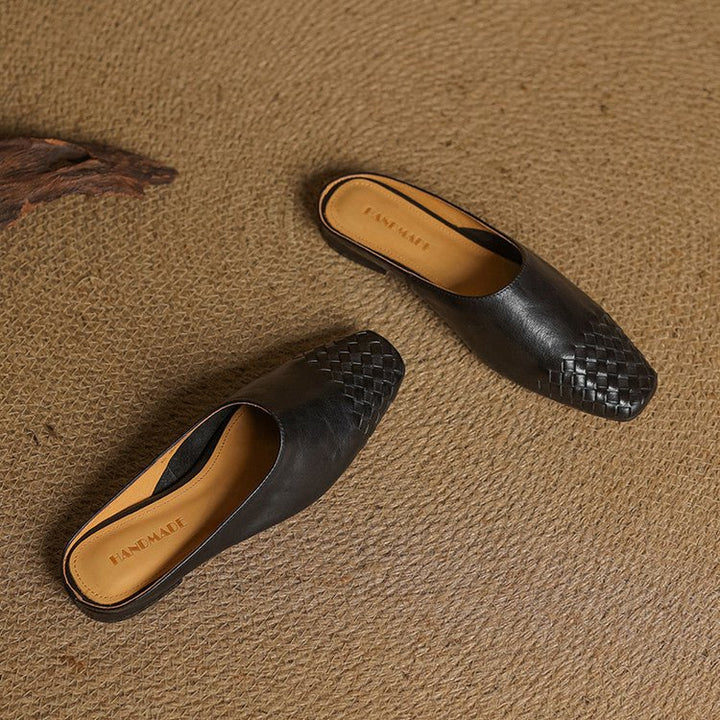 Women's Genuine Leather Woven-Toe Square-Toe Slip-On Mules
