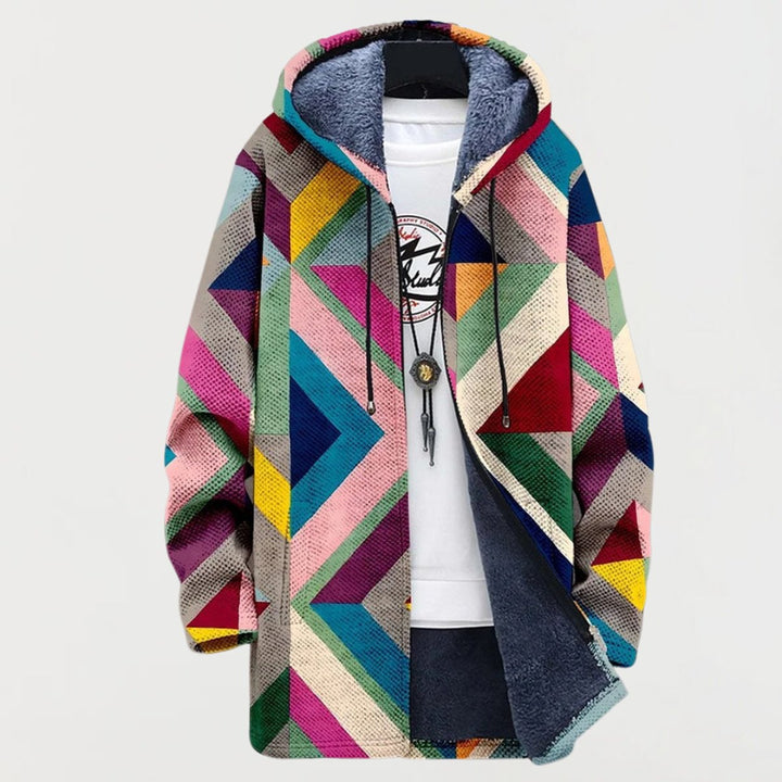 Women's Geometric Fleece-Lined Hooded Zip Sweater - Multicolor