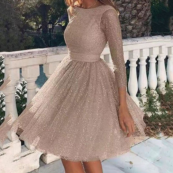 Women's Glitter Tulle Long-Sleeve Occasion Dress - Champagne