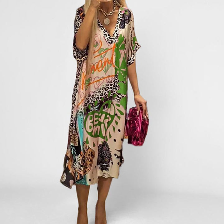 Women's Graphic Print V-Neck Swing Tunic Midi Dress