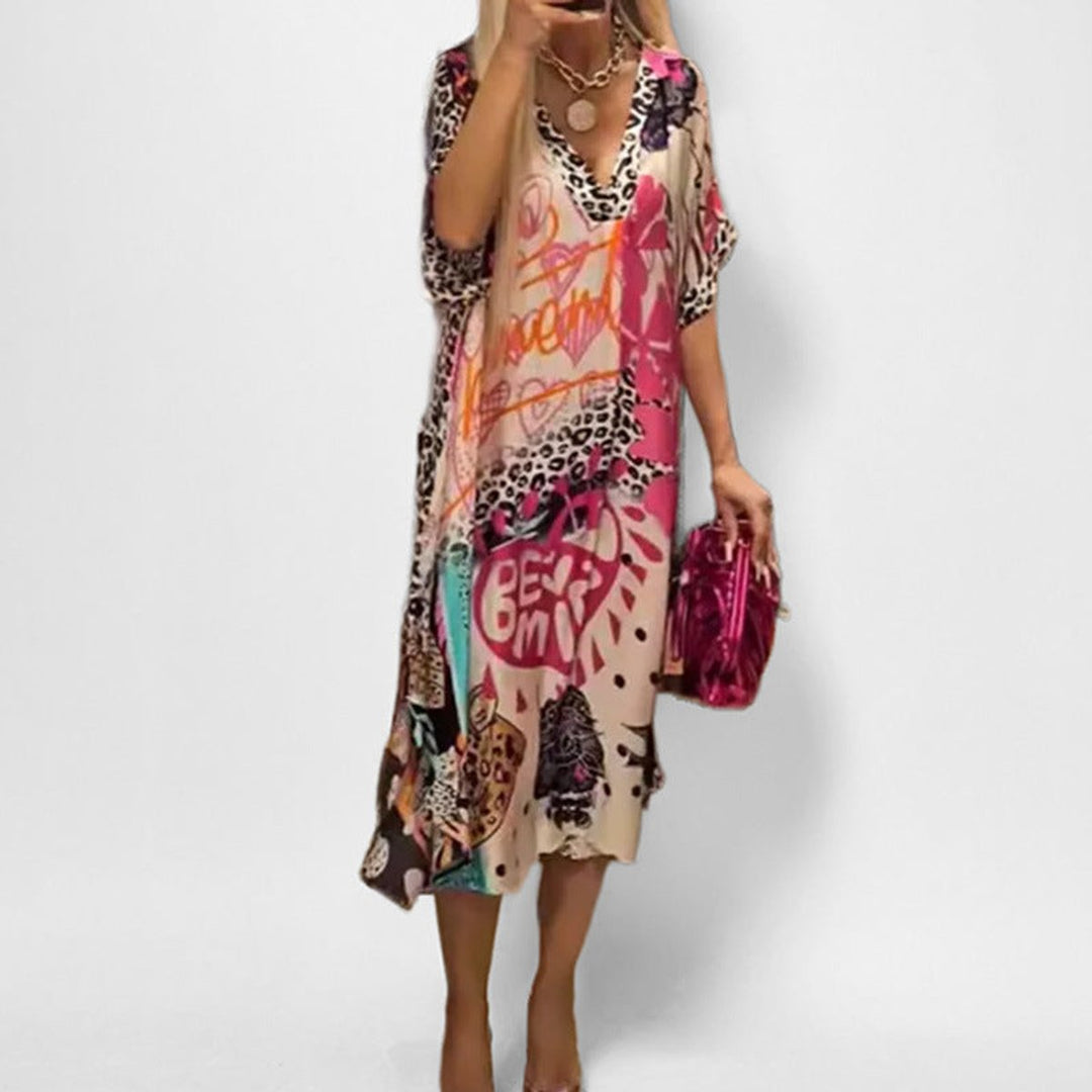 Women's Graphic Print V-Neck Swing Tunic Midi Dress - Rosa