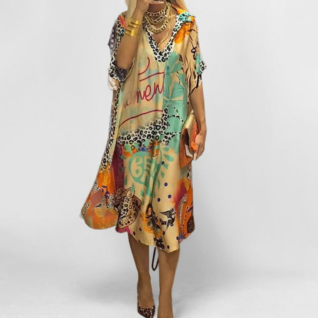 Women's Graphic Print V-Neck Swing Tunic Midi Dress - Blau