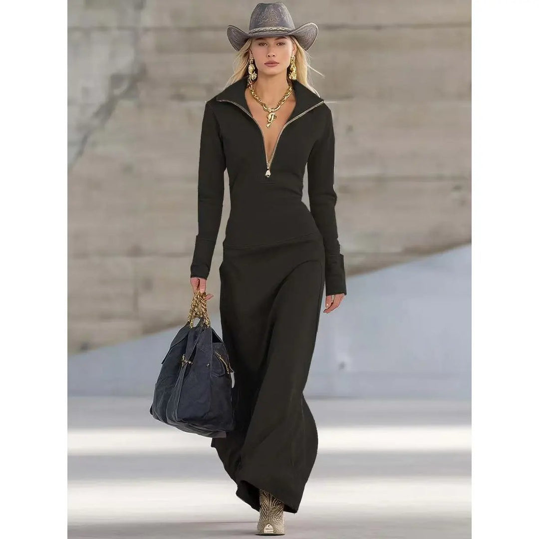 Women's Half-Zip Long Sleeve Maxi Dress Relaxed Casual Fit - Black