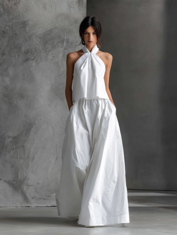 Women's Halter Neck Cotton-Linen Maxi Skirt Two-Piece Set