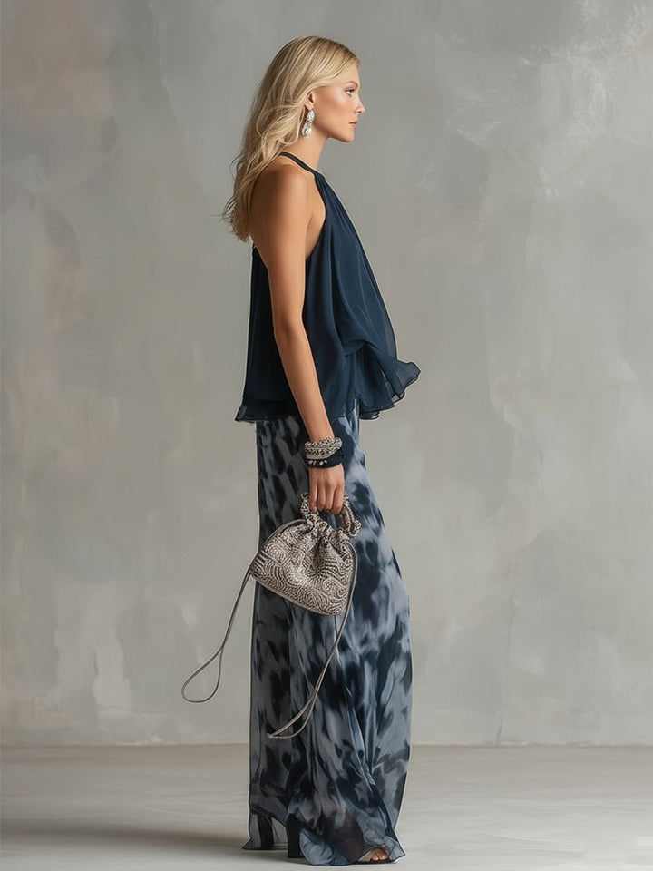 Women's Halter Neck Ruffled Blouse Wide-Leg Two-Piece Set
