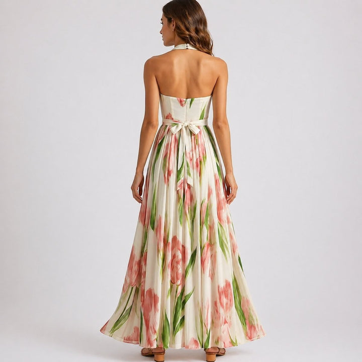 Women's Halter Neck Watercolor Floral Maxi Fall Wedding Guest Dress