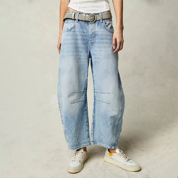 Women's High-Rise Barrel Leg Relaxed-Fit Acid-Wash Jeans - Light Blue