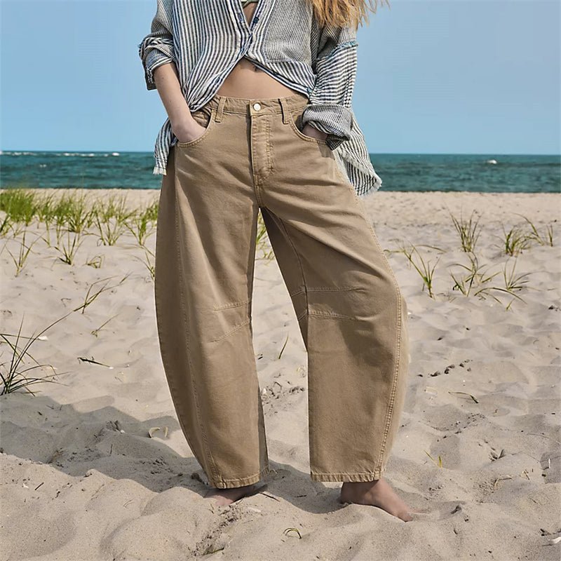 Women's High-Rise Barrel Leg Relaxed-Fit Acid-Wash Jeans - Beige