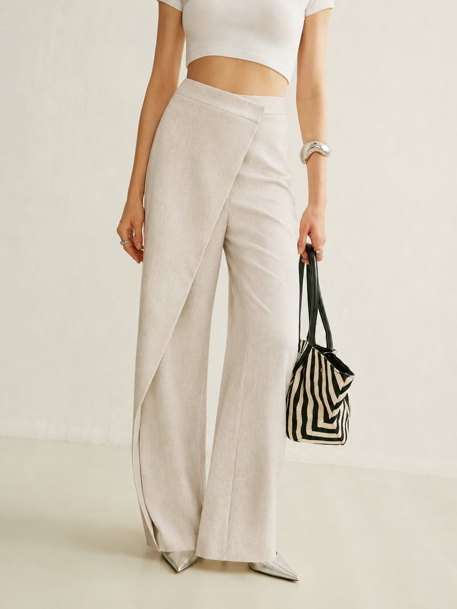Women's High-Waist Asymmetric Wrap-Front Wide Leg Pants - Apricot