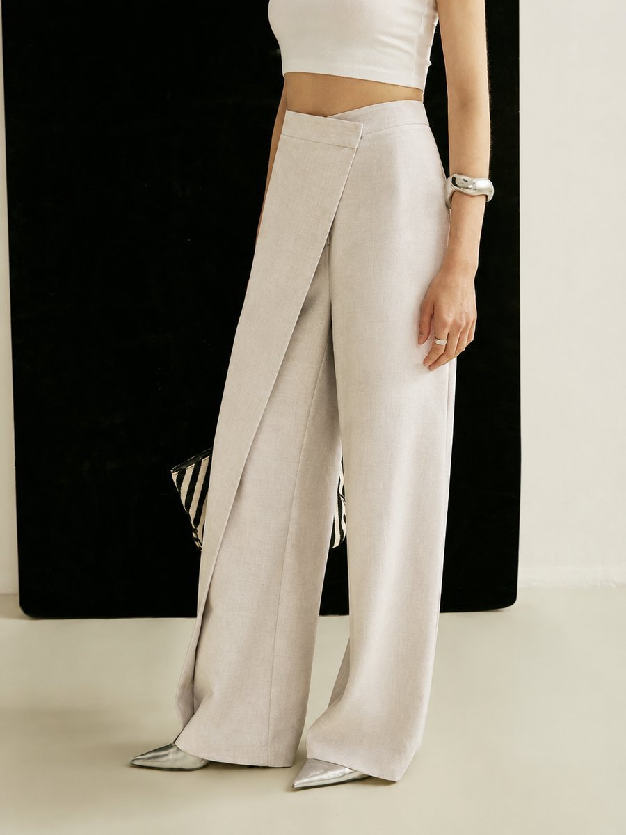 Women's High-Waist Asymmetric Wrap-Front Wide Leg Pants