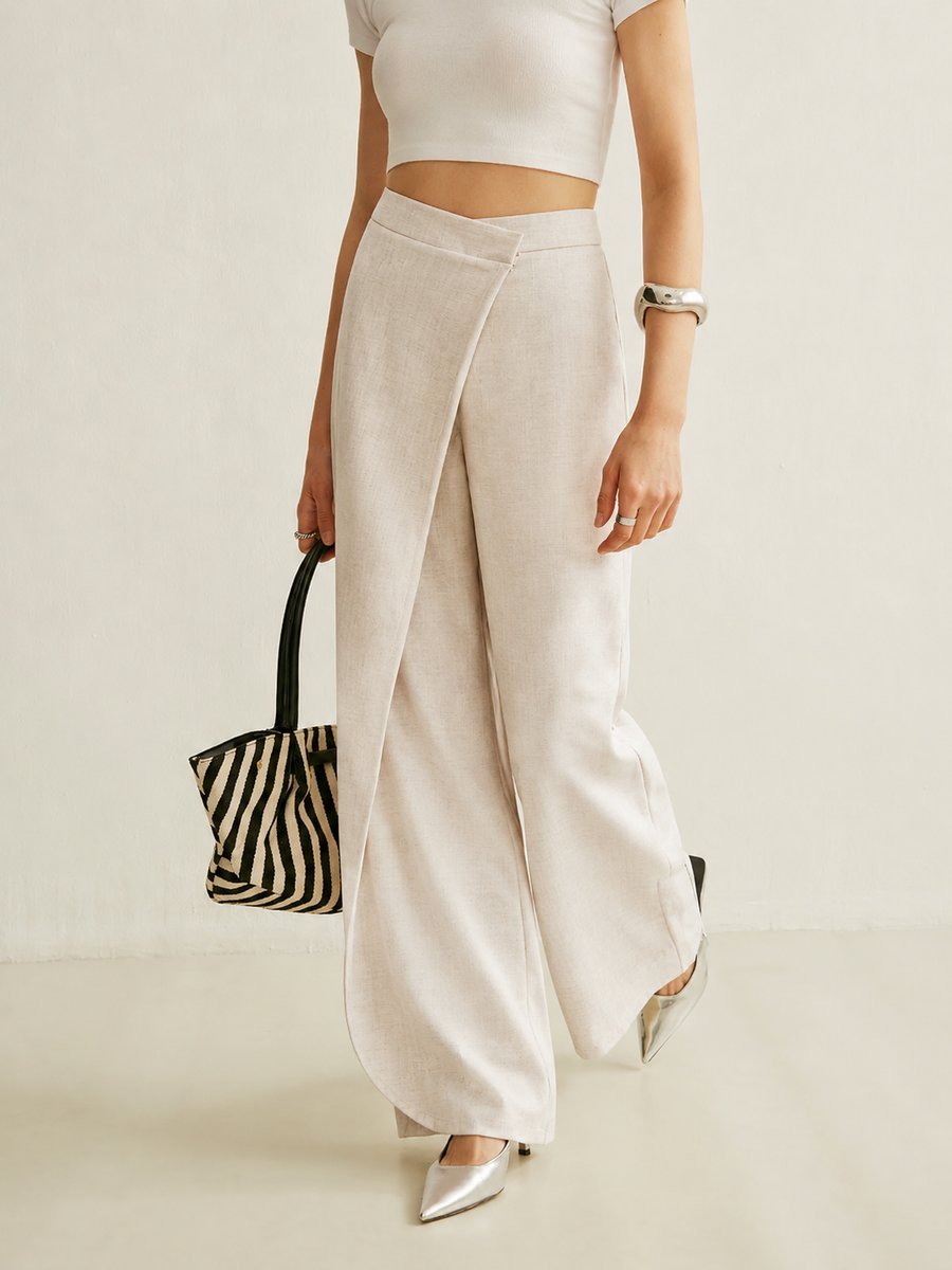 Women's High-Waist Asymmetric Wrap-Front Wide Leg Pants