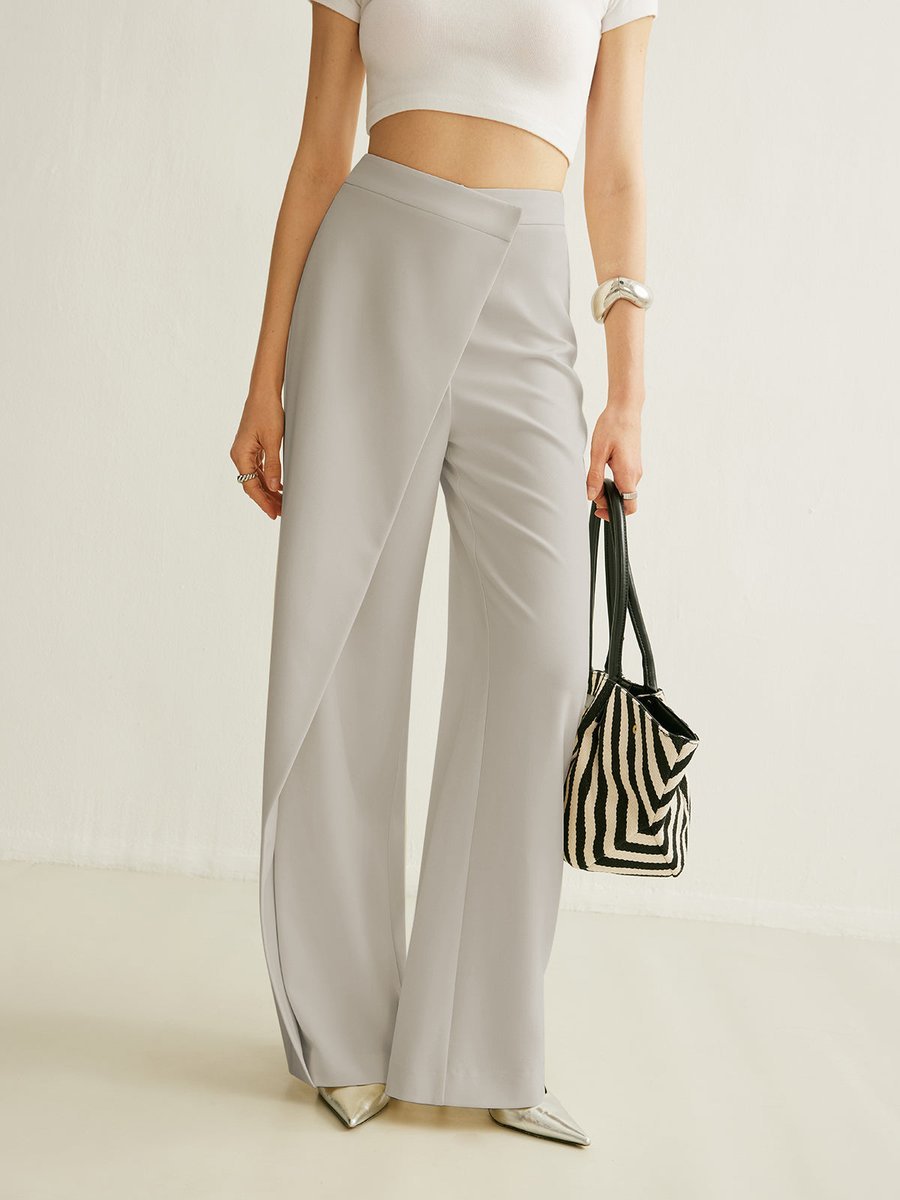 Women's High-Waist Asymmetric Wrap-Front Wide Leg Pants - Grey