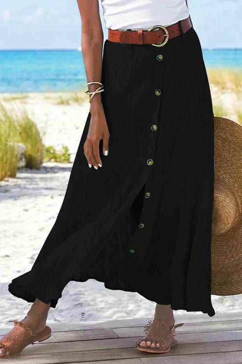 Women's High-Waist Button-Front Crinkle Linen-Look Maxi Skirt - Black