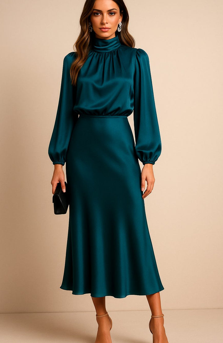 Women's High-Waist Satin Long-Sleeve Mock-Neck Midi Dress
