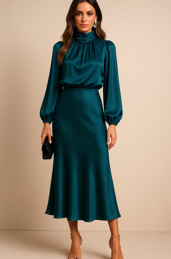 Women's High-Waist Satin Long-Sleeve Mock-Neck Midi Dress
