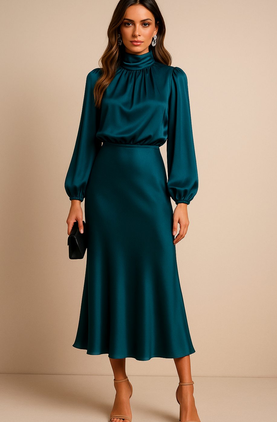 Women's High-Waist Satin Long-Sleeve Mock-Neck Midi Dress