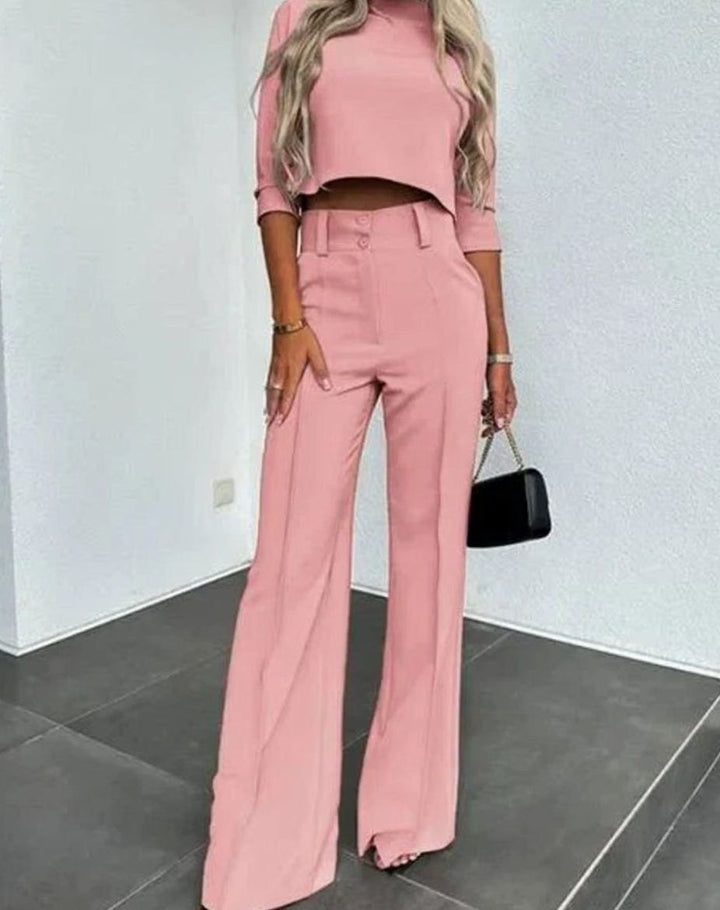 Women's High-Waist Tailored Crop Matching Top Two-Piece Pants Set - Pink