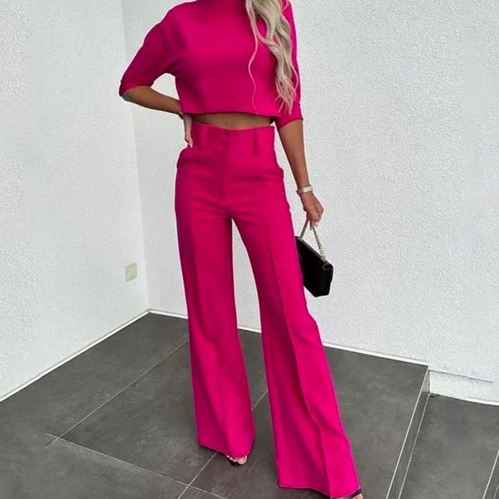 Women's High-Waist Tailored Crop Matching Top Two-Piece Pants Set - Dark Pink