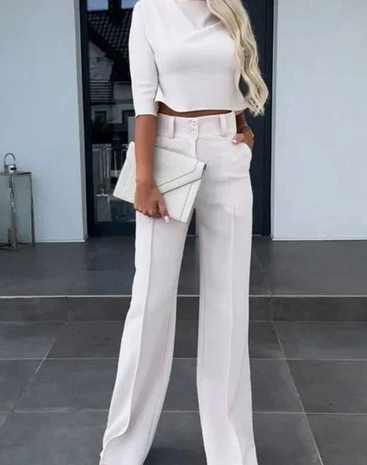 Women's High-Waist Tailored Crop Matching Top Two-Piece Pants Set - White