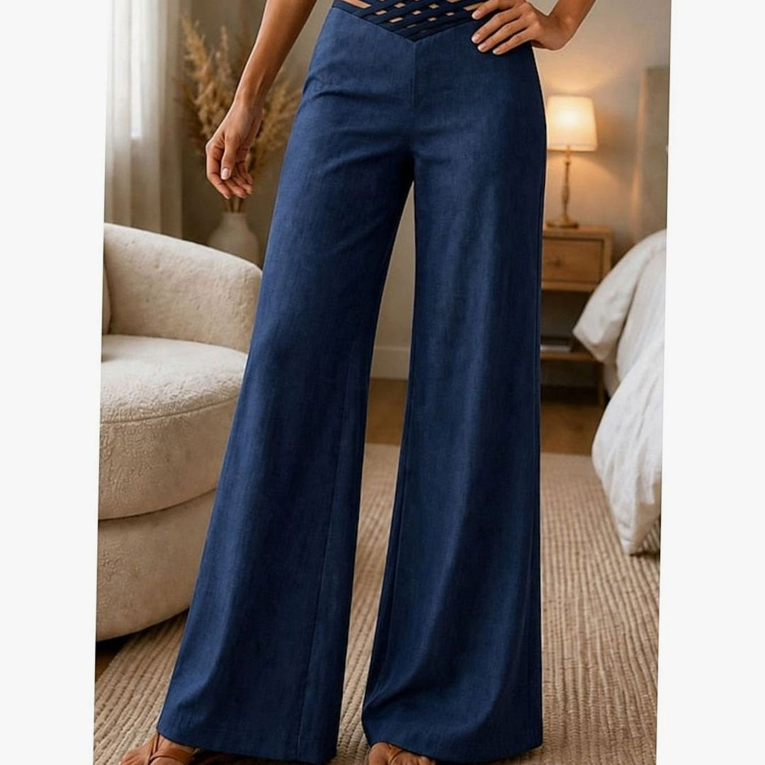 Women's High-Waist Wide-Leg Crossover Waistband Pants - Navy Blue