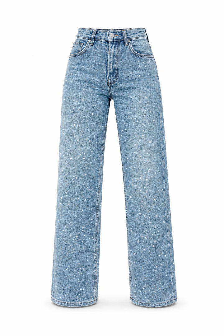 Women's High-Waist Wide-Leg Glitter Denim Straight-Cut Jeans