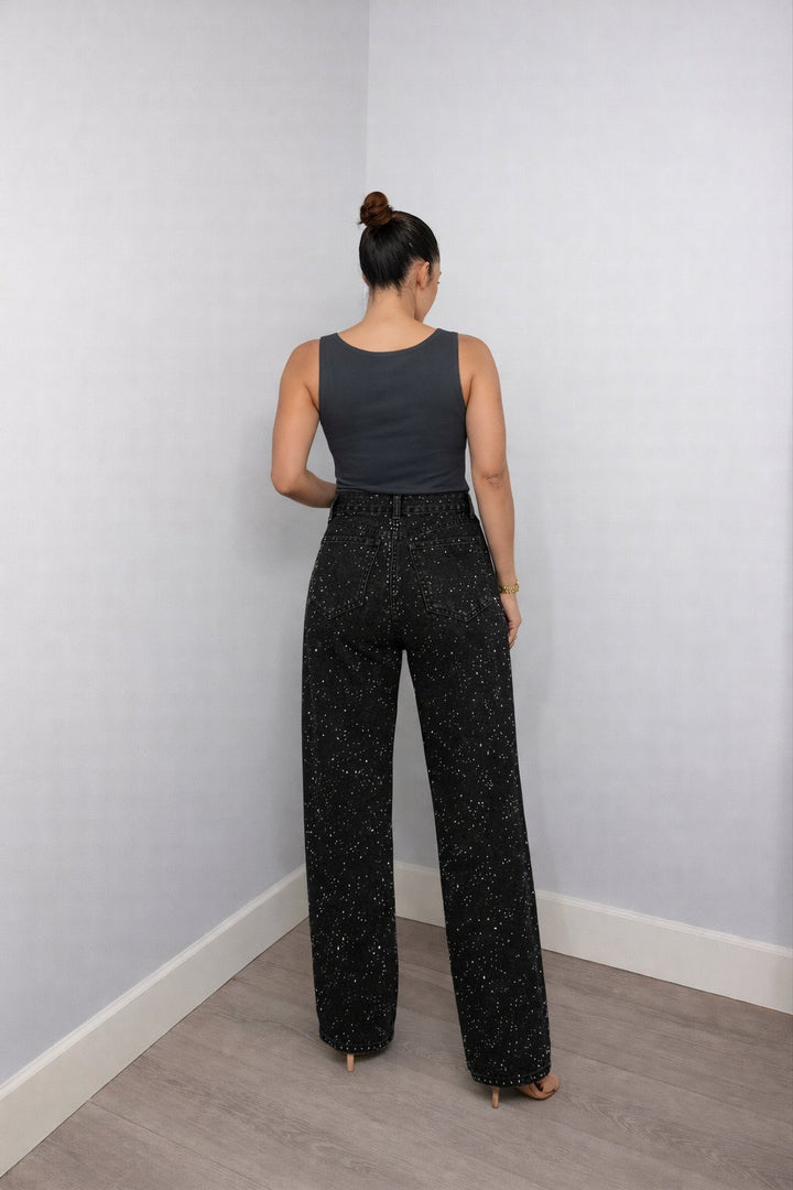 Women's High-Waist Wide-Leg Glitter Denim Straight-Cut Jeans