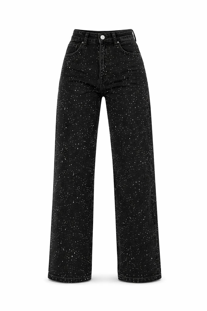 Women's High-Waist Wide-Leg Glitter Denim Straight-Cut Jeans