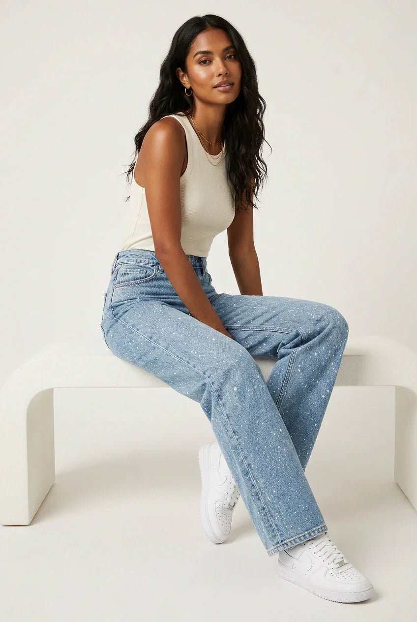 Women's High-Waist Wide-Leg Glitter Denim Straight-Cut Jeans - Blau