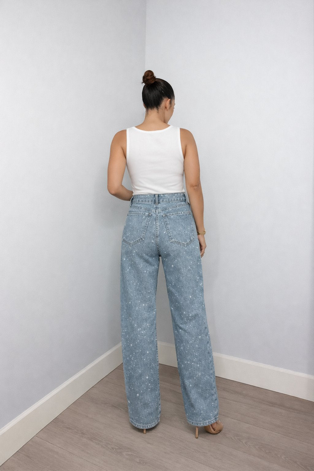 Women's High-Waist Wide-Leg Glitter Denim Straight-Cut Jeans