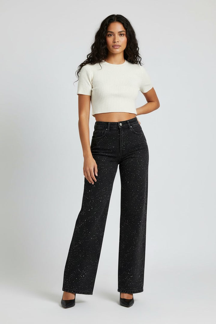 Women's High-Waist Wide-Leg Glitter Denim Straight-Cut Jeans - Schwarz