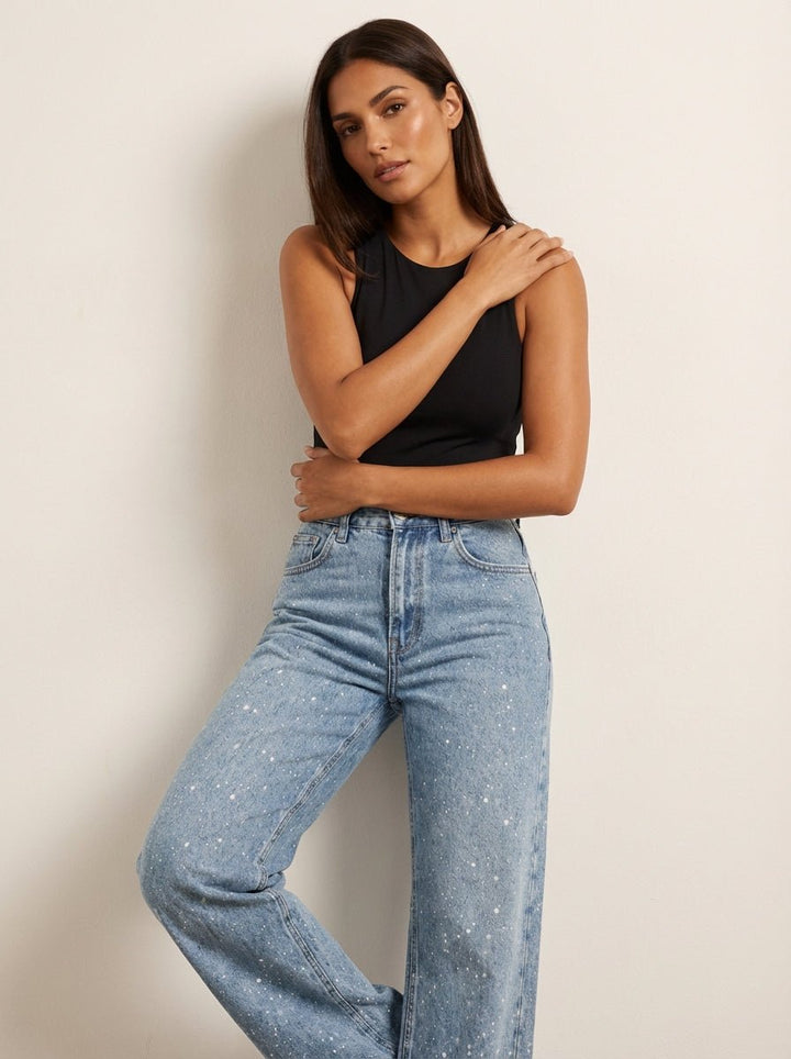 Women's High-Waist Wide-Leg Glitter Denim Straight-Cut Jeans
