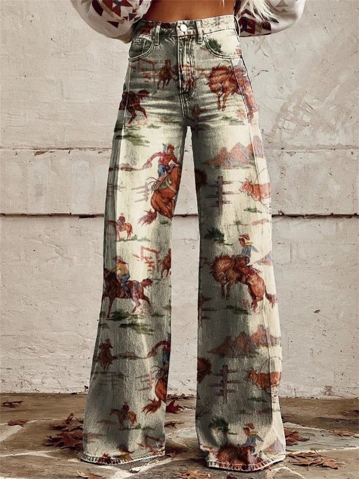 Women's High-Waist Wide-Leg Western Print Denim Pants - Beige
