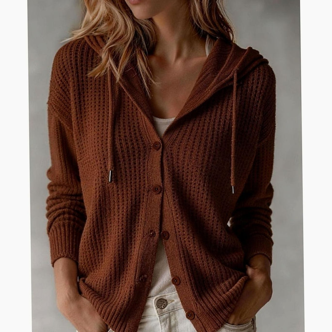 Women's Hooded Button-Front Ribbed Knit Cardigan - Maroon