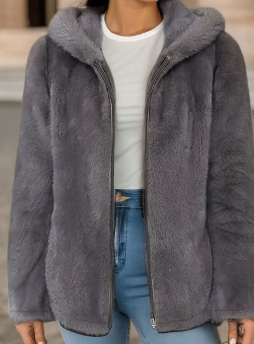 Women's Hooded Faux Fur Zip-Up Teddy Fleece Jacket - Gray