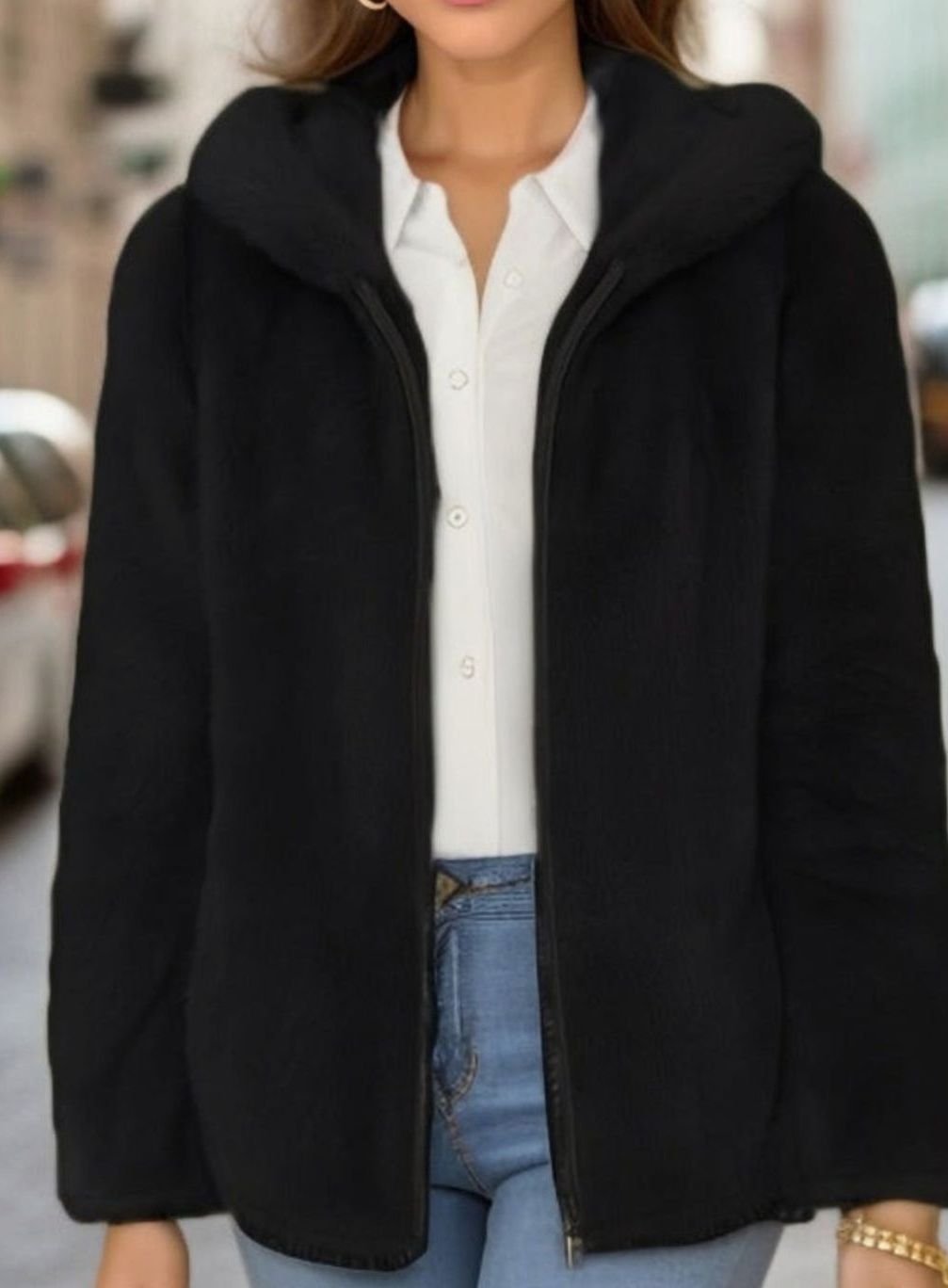 Women's Hooded Faux Fur Zip-Up Teddy Fleece Jacket - Black